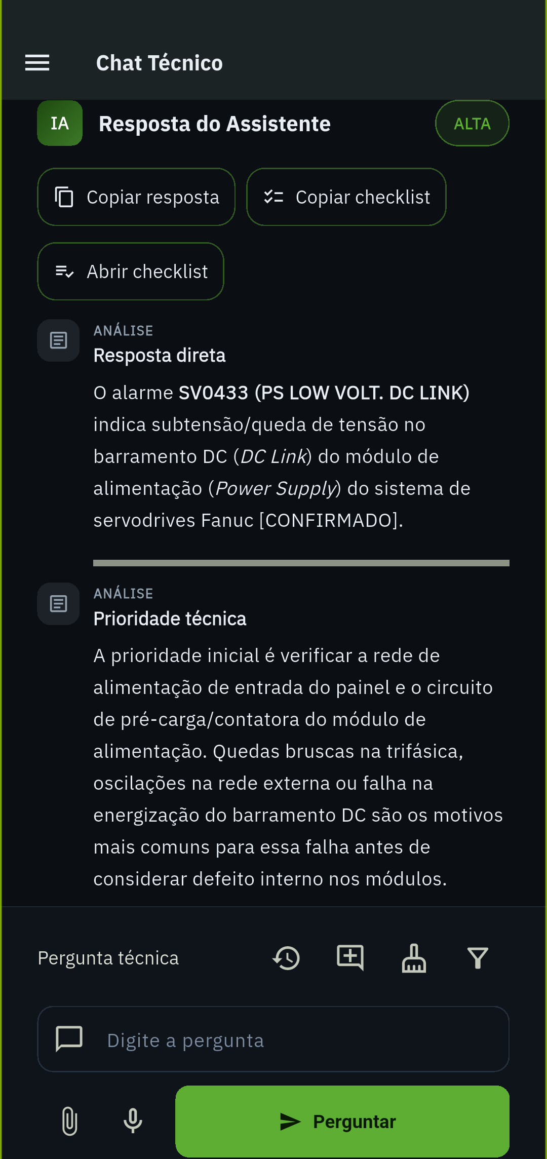 Chat técnico com resposta da IA