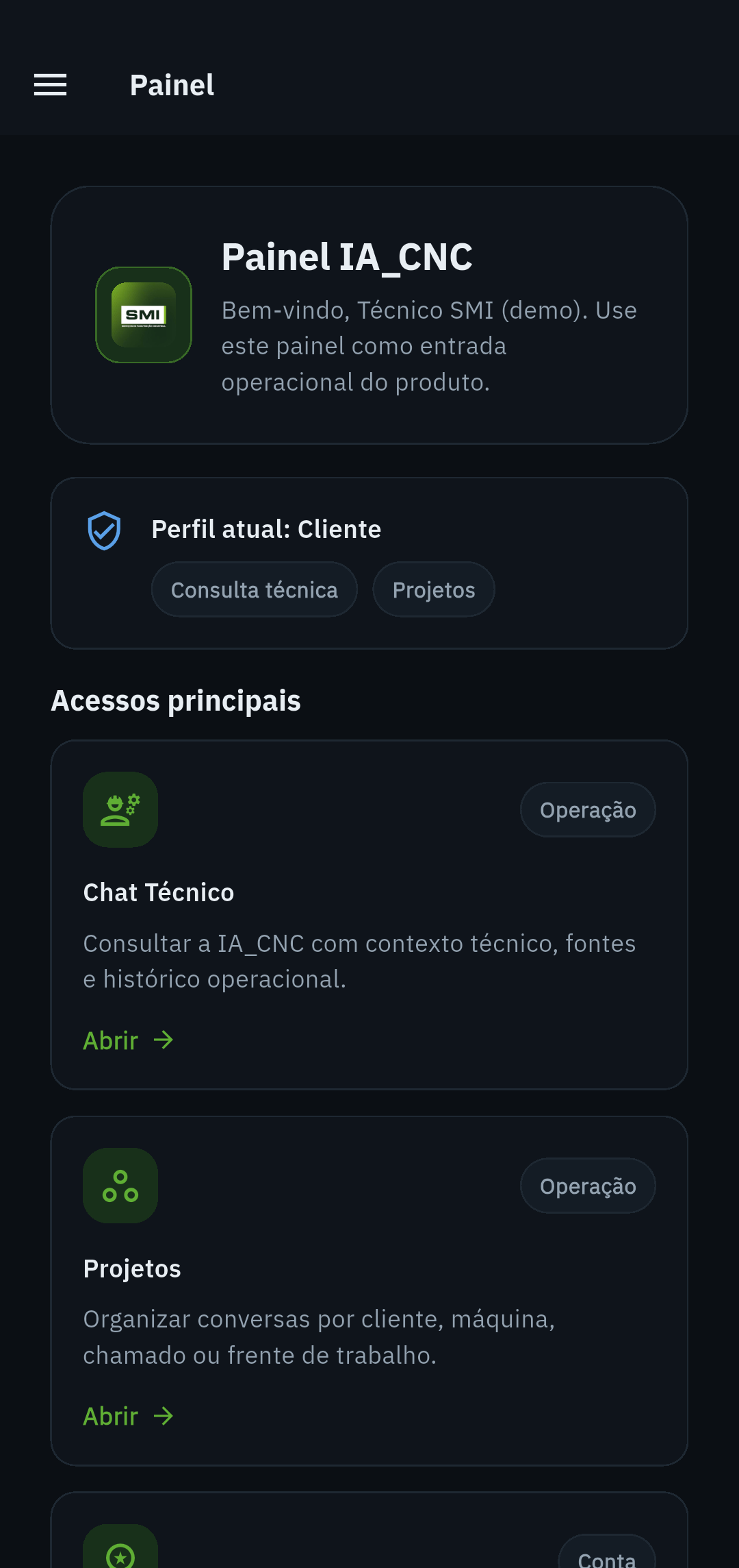Painel do app